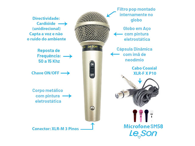 Microfone com fio Leson SM58 P4* Champagnhe